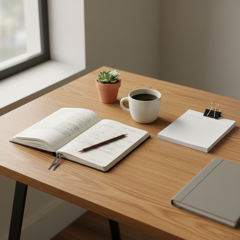 Aufgeräumter Arbeitsplatz mit offenem Notizbuch, Stift und Laptop – Recherche und Planung für Schnittstellen-Projekte