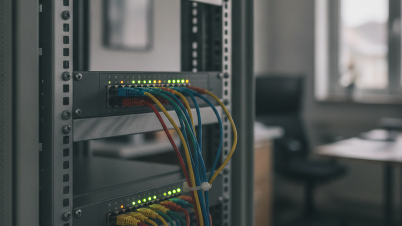 Netzwerk-Switch in einem Serverschrank mit gesteckten Patchkabeln und leuchtenden Status-LEDs – Sinnbild für Maschinen, die untereinander Daten austauschen und bezahlen
