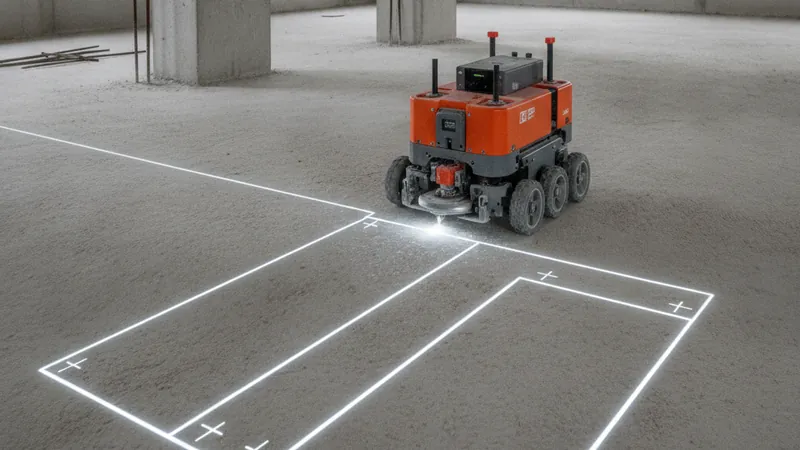 Kleiner Absteckroboter druckt Wandlinien und Markierungen auf einen Rohbetonboden