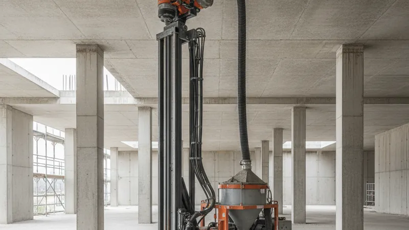 Bohrroboter mit vertikalem Mast bohrt Löcher über Kopf in eine Rohbetondecke