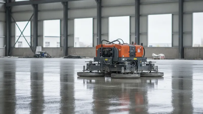 Glättroboter bearbeitet eine große frische Betonbodenplatte in einer Industriehalle
