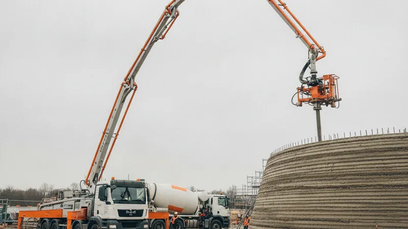 Mobiler 3D-Betondrucker auf Betonpumpenbasis druckt eine geschichtete Betonwand ohne Schalung