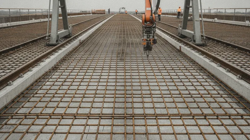 Portalroboter fährt über ein großes Bewehrungsgitter und bindet die Kreuzungspunkte