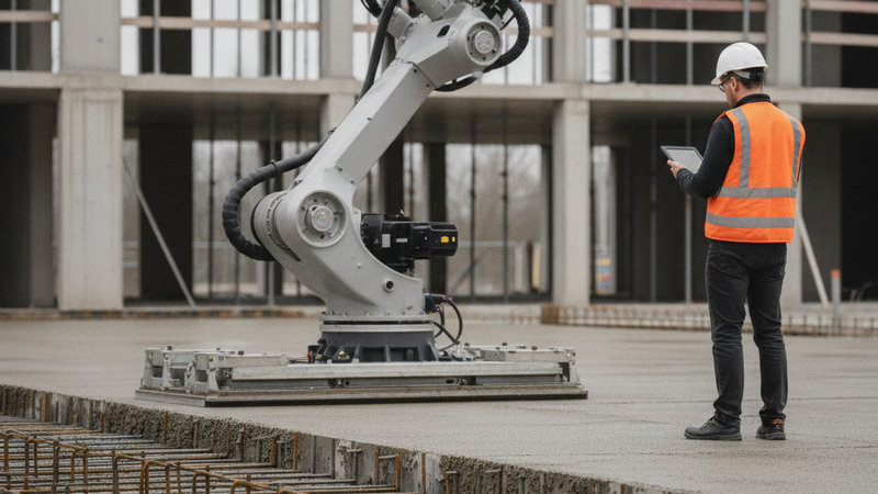 Autonomer Bauroboter auf einer Betondecke im Rohbau, im Vordergrund Bewehrungsstahl, daneben ein Bauarbeiter mit Warnweste und Tablet