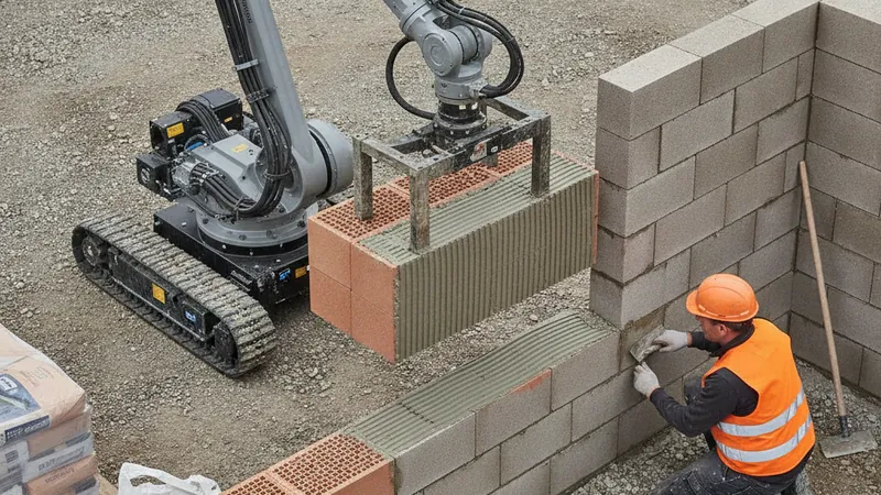 Roboterarm setzt einen großformatigen Ziegelblock, ein Maurer arbeitet an der Ecke derselben Wand