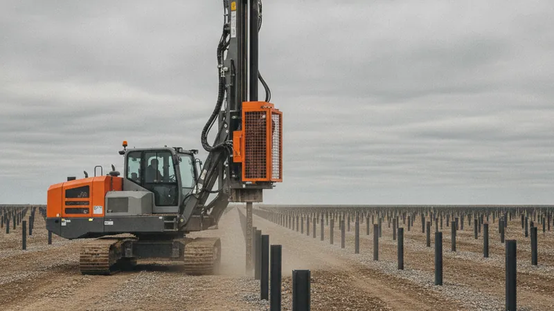 Autonome Rammaschine setzt Stahlpfähle in langen Reihen auf einer Solarpark-Baustelle