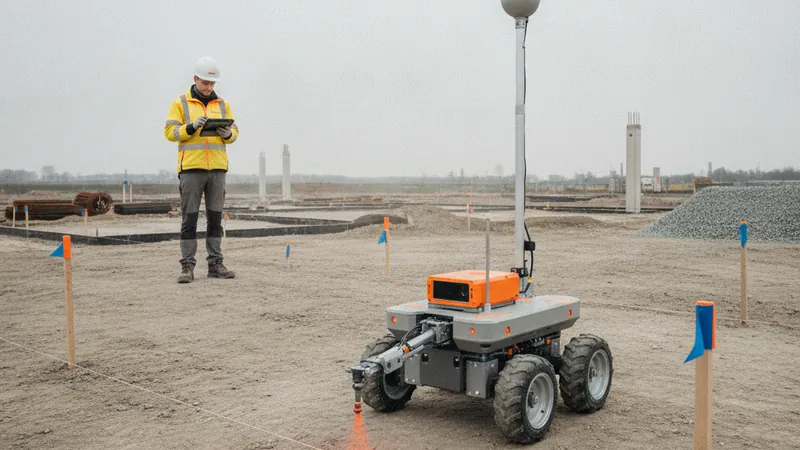 Kleiner autonomer Vermessungsroboter mit Satellitenantenne markiert einen Punkt auf einer geräumten Baustelle