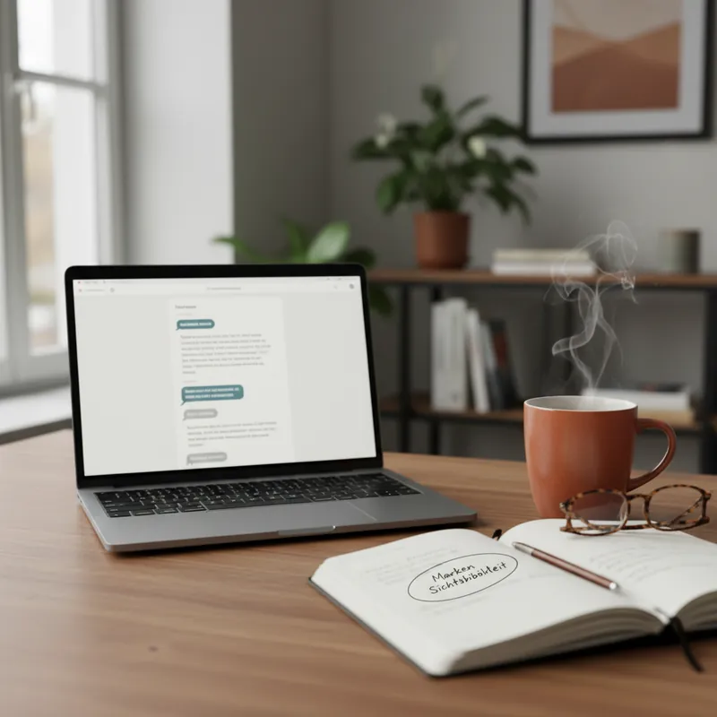 Laptop mit Chat-Fenster auf einem Holzschreibtisch, daneben Notizbuch mit handschriftlichen Notizen zur Markensichtbarkeit, Tasse Kaffee, Lesebrille — dokumentarisches Foto eines deutschen Büros