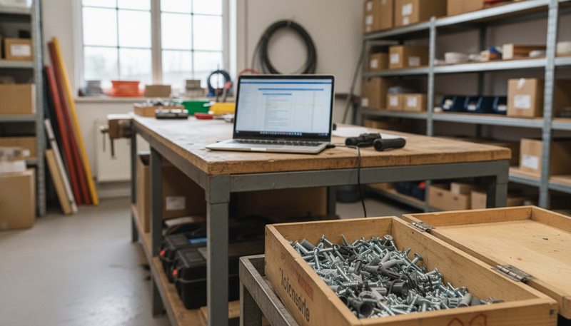 Kiste mit Schrauben und Dübeln im Lager eines Handwerksbetriebs, dahinter ein Laptop mit Artikeltabelle