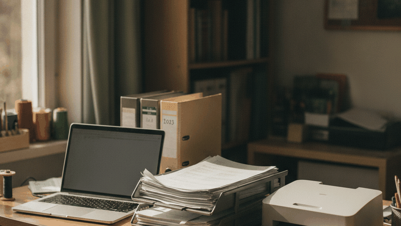 Schreibtisch in einem kleinen Betrieb mit Laptop, Stapel Papierbelegen in der Ablage, Scanner, externer Festplatte und beschrifteten Ordnern