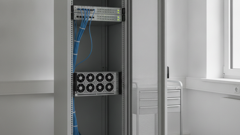 Offener Serverschrank in einem schlichten Technikraum mit einem Rechenknoten, Patchfeld und sauber verlegten Netzwerkkabeln