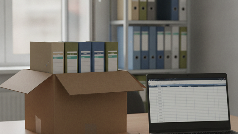 Offener Umzugskarton mit Aktenordnern auf einem Bürotisch, daneben eine externe Festplatte und ein Laptop mit unscharfer Tabellenansicht