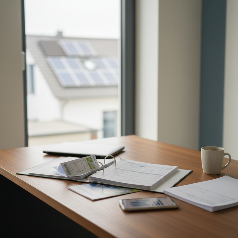 Hausverwaltungs-Schreibtisch mit Energy-Sharing-Unterlagen, Laptop, Solar-Broschüre und Blick auf ein Wohnhaus mit Photovoltaik-Anlage