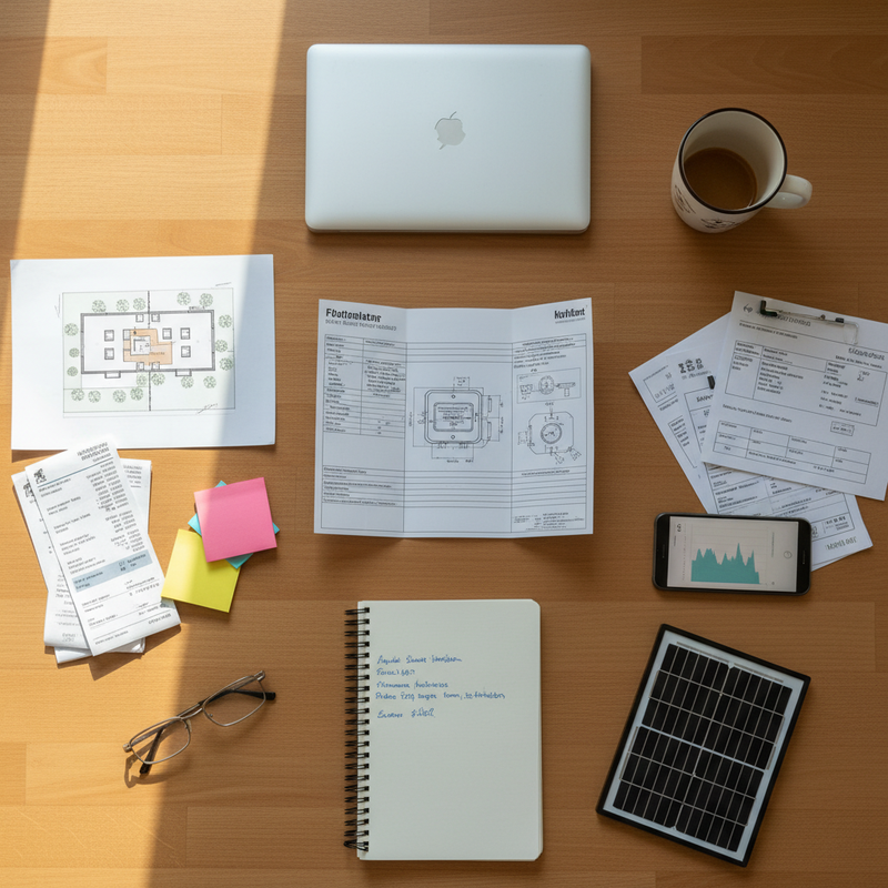 Schreibtisch von oben mit Bauplan, Zähler-Datenblatt, Teilnehmer-Formularen, Notizbuch, Laptop und Solar-Modul — die typische Realität einer Energy-Sharing-Vorbereitung