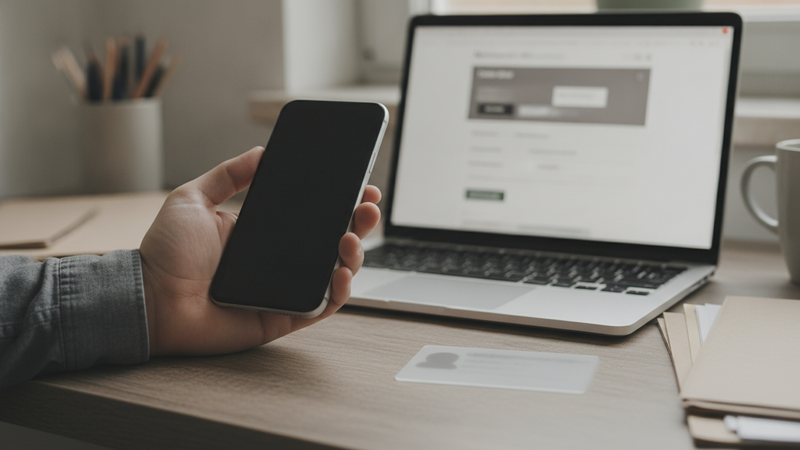 Smartphone über einem Schreibtisch mit Laptop und neutraler Ausweiskarte