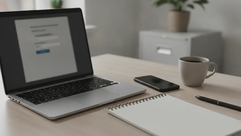 Laptop mit unscharfem Anmeldeformular auf einem Schreibtisch, daneben ein Smartphone, eine Kaffeetasse und ein Notizblock