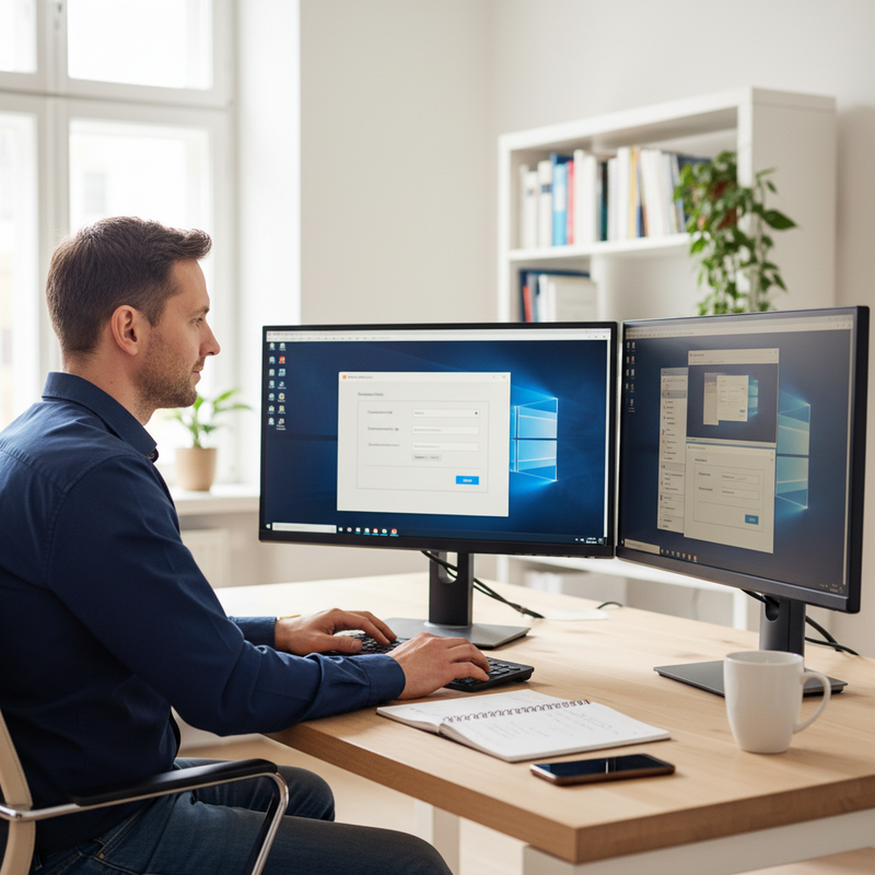 IT-Techniker am Schreibtisch mit zwei Monitoren und einer aktiven Fernwartungs-Sitzung