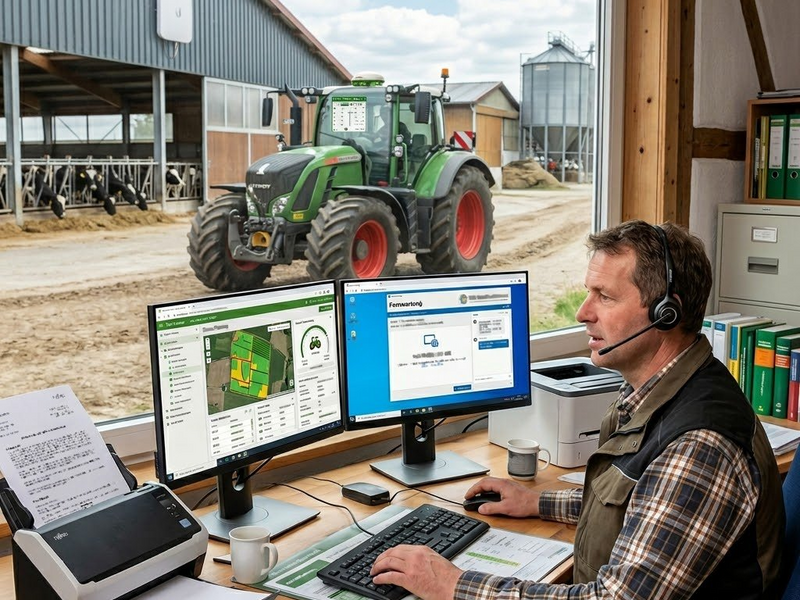 Landwirt im Agrarbüro mit zwei Bildschirmen und Fernwartung – IT-Support für die Landwirtschaft
