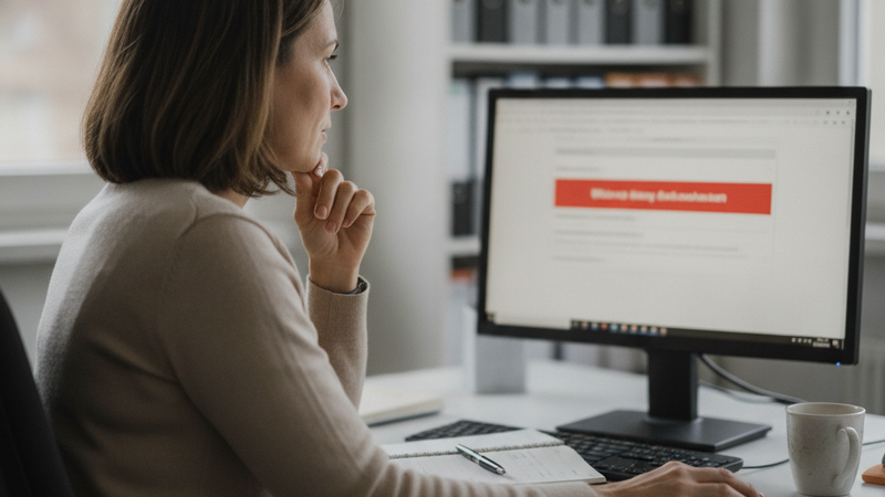Frau am Schreibtisch in einem kleinen Büro blickt nachdenklich auf einen Monitor mit einer unscharfen Weboberfläche und einem roten Warnbalken