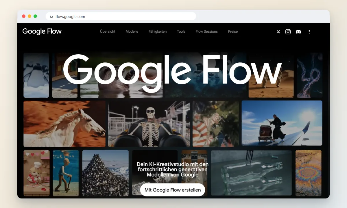 Startseite von Google Flow mit einer Collage aus KI-erzeugten Videoszenen und dem Schriftzug Google Flow