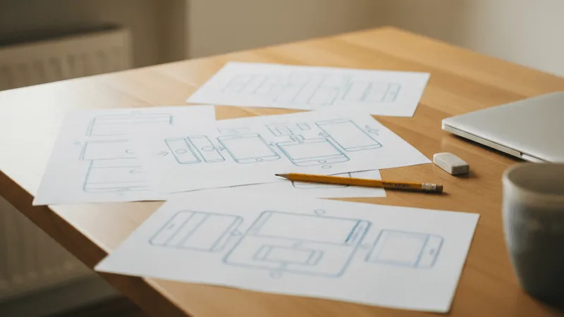 Holztisch mit mehreren Papierbögen voller handgezeichneter App-Skizzen, daneben Bleistift, Radiergummi und ein zugeklappter Laptop