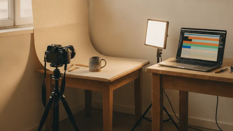 Kleine Fotoecke in einem Handwerksbetrieb mit Kamera auf Stativ, LED-Leuchte, Keramikbecher vor hellem Hintergrund und Laptop mit Schnittansicht