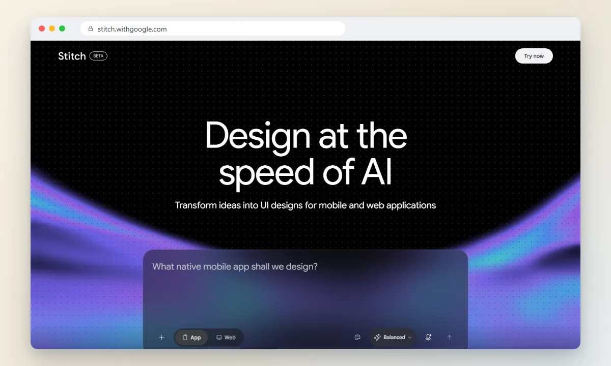 Startseite von Google Stitch im Browser mit dem Eingabefeld für eine App-Idee und der Auswahl zwischen App und Web