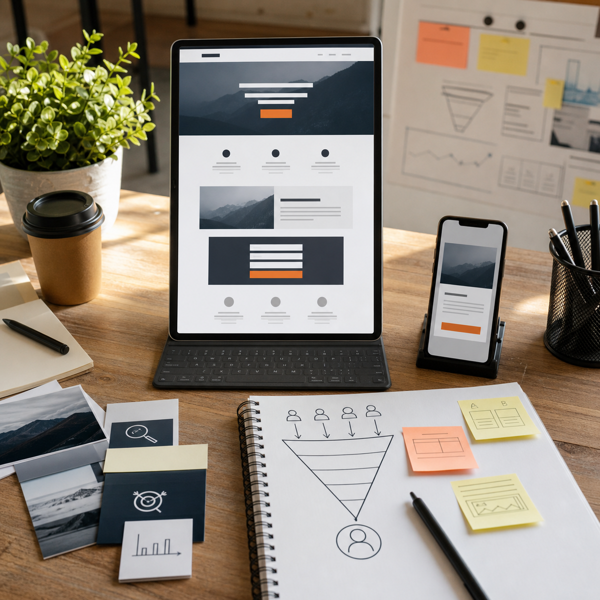 Landingpage-Konzept mit Tablet-Vorschau, Smartphone-Ansicht und Funnel-Skizze