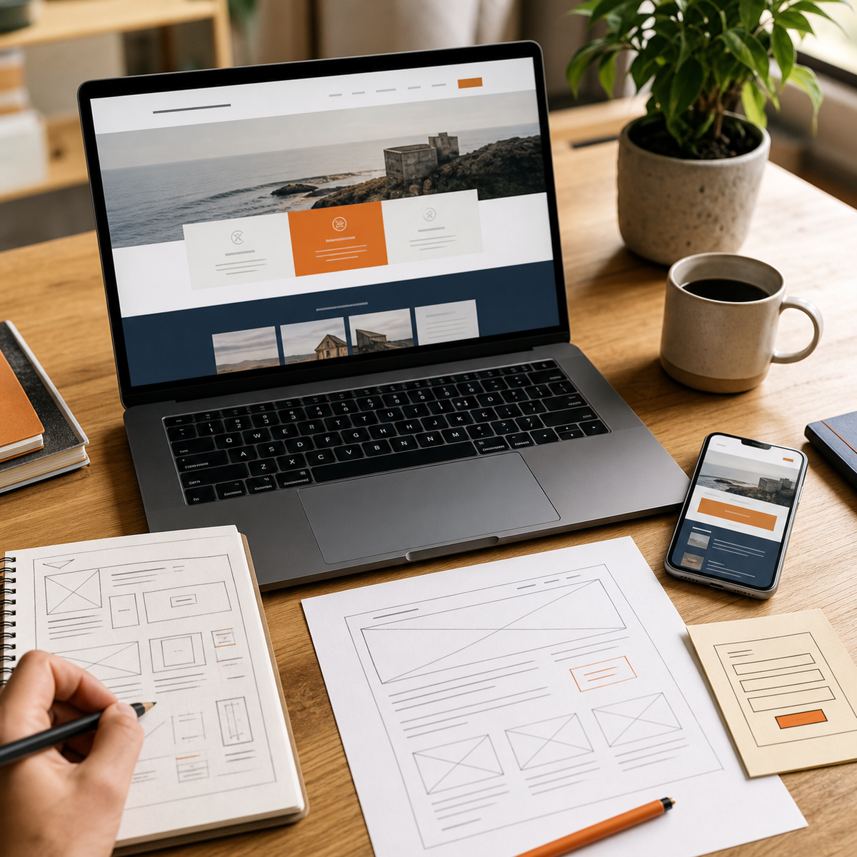 Schreibtisch mit Laptop, Website-Entwurf, Smartphone-Vorschau und Wireframe-Skizzen für eine neue Firmenwebsite