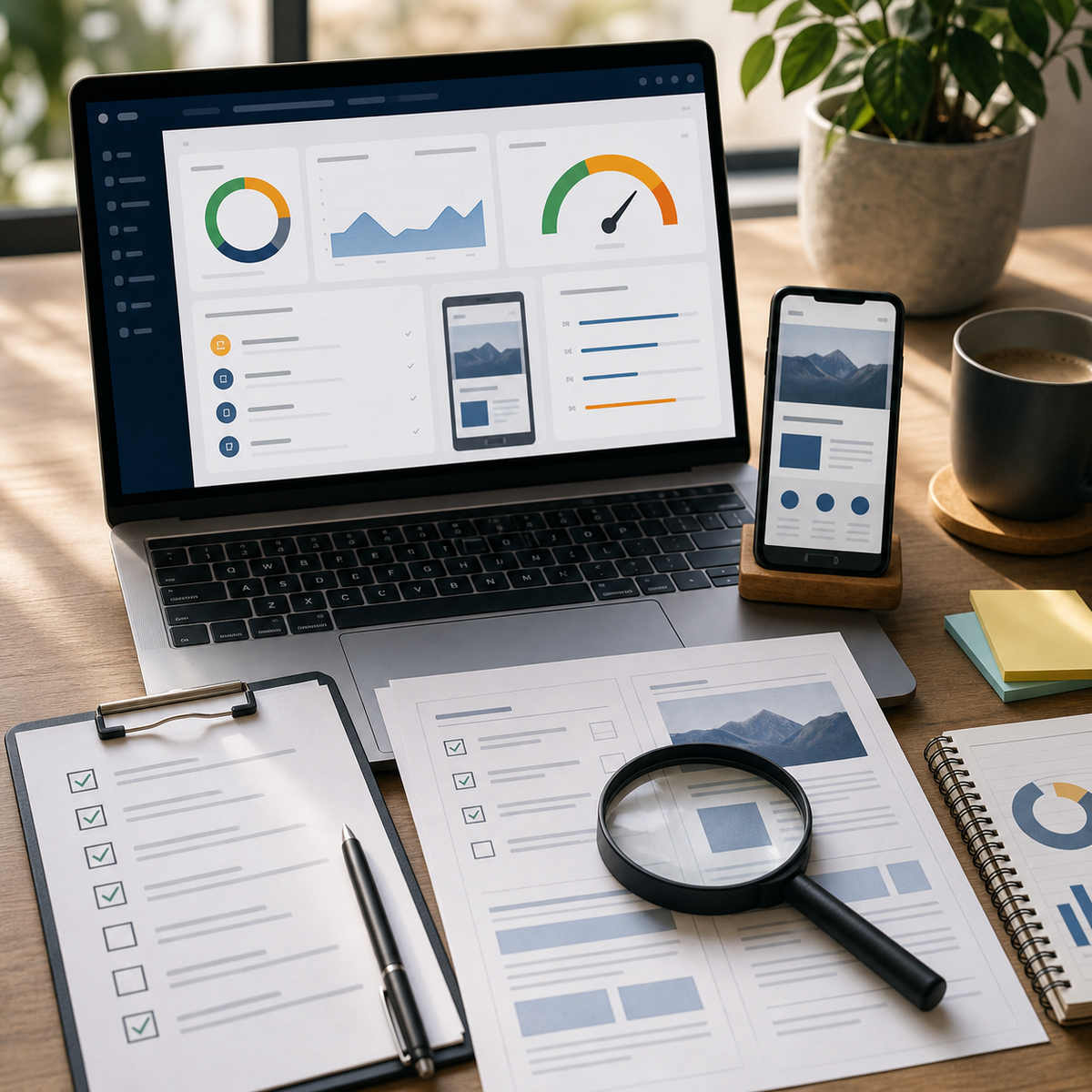 Core Web Vitals Dashboard mit LCP, INP, CLS und mobiler Website