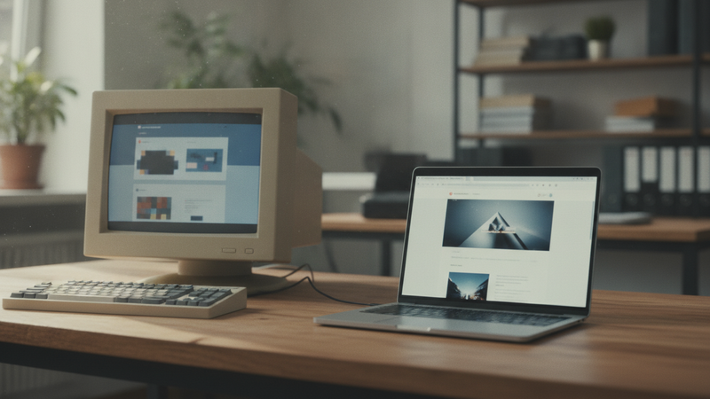 Alter Röhrenmonitor mit unscharfer, veralteter Website neben einem modernen Laptop mit unscharfer, aufgeräumter Website auf einem Holzschreibtisch