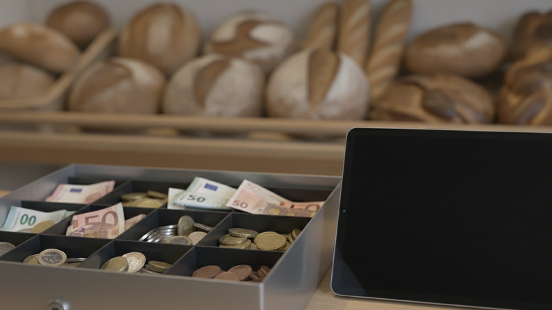 Bäckereitheke mit geöffneter Geldkassette voller Münzen und Scheine neben einem modernen Kassenterminal, im Hintergrund Brote