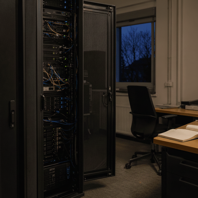 Halbdunkler Technikraum mit geöffnetem Serverschrank, blinkenden Status-LEDs, leerem Stuhl und offenem Notizbuch – reales Symbol für Kontrollverlust über digitale Systeme