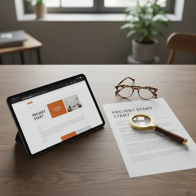 Aufsicht eines Schreibtisches: ein Tablet mit Webseiten-Mockup, daneben ein ausgedruckter Klartext der gleichen Seite mit roten Bleistift-Anmerkungen, eine Brille und eine Lupe — dokumentarische Atelier-Atmosphäre