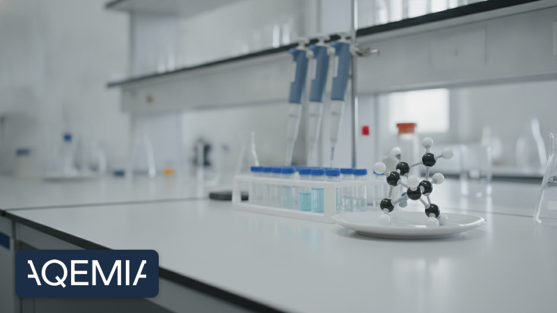Laborbank mit Pipetten, Probenfläschchen und einem Molekülmodell im Tageslicht