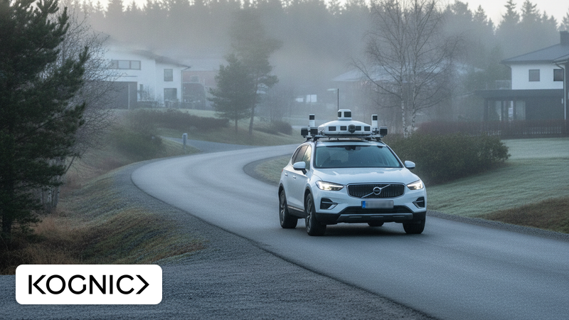 Testfahrzeug mit LiDAR-Sensor und Kameras auf dem Dach an einer ruhigen skandinavischen Straße im Morgennebel
