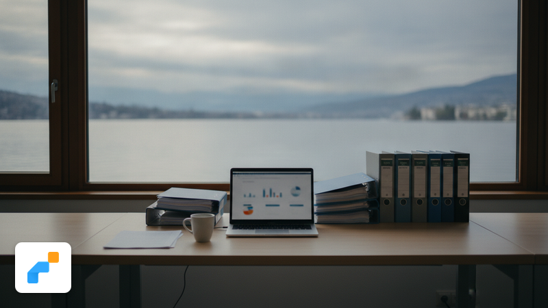 Ruhiges Büro mit Aktenordnern, Laptop mit unscharfen Diagrammen und Blick auf den Zürichsee