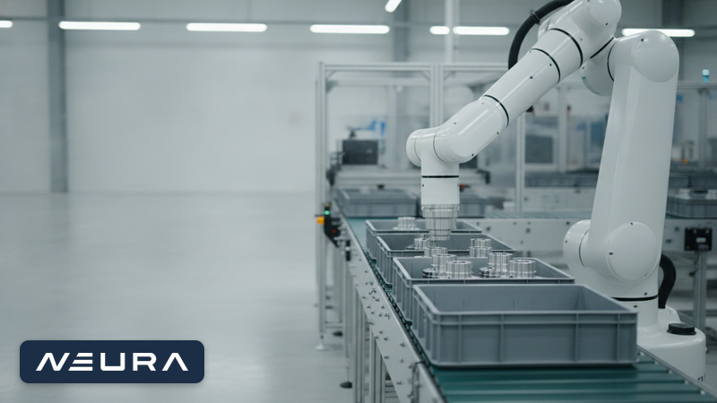 Helle Fabrikhalle mit weißem kollaborativem Roboterarm an einem Förderband und Metallteilen in Kisten