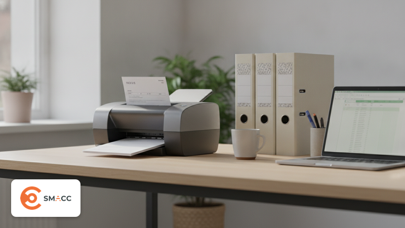 Buchhaltungsarbeitsplatz mit Dokumentenscanner, Rechnungsstapel und Ordnern