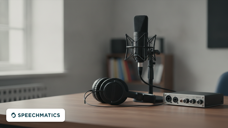 Mikrofon, Kopfhörer und Audio-Interface auf einem Holzschreibtisch in einem ruhigen Büro