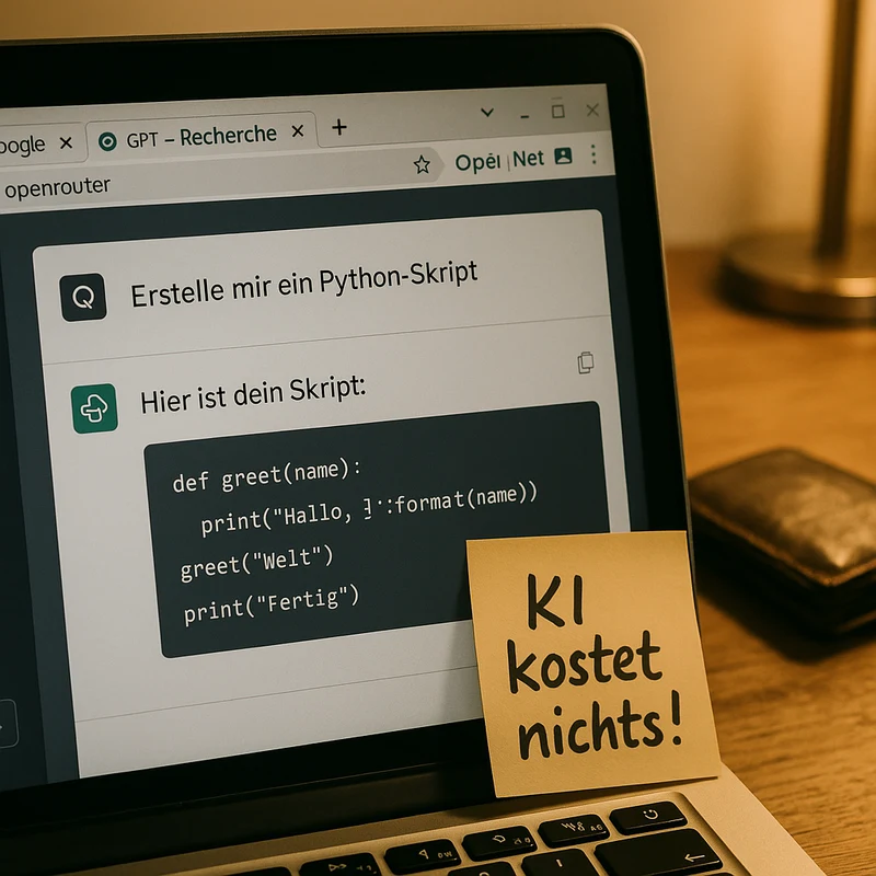Laptop mit deutschem KI-Chat auf dem Bildschirm, Post-it KI kostet nichts