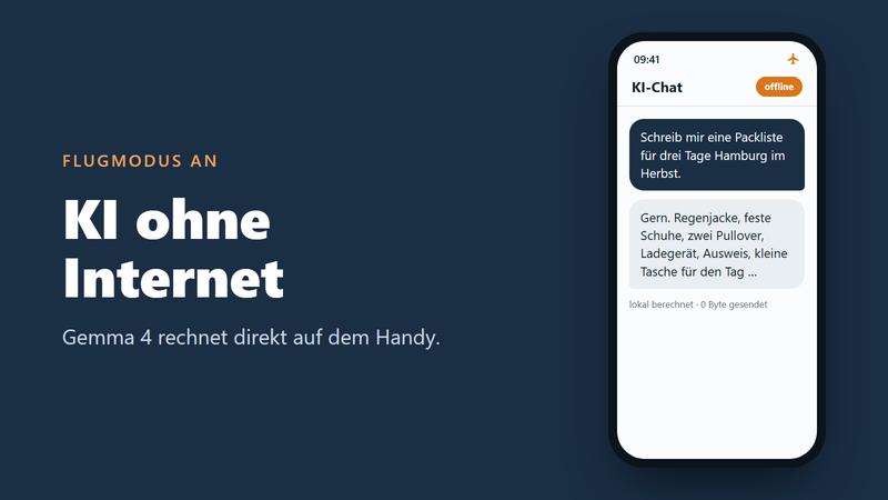 Smartphone im Flugmodus, auf dem ein KI-Chat eine Frage ohne Internetverbindung beantwortet