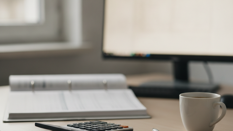 Schreibtisch in einem kleinen Büro mit Monitor, Taschenrechner und Ordner, daneben eine Tasse Kaffee im Tageslicht