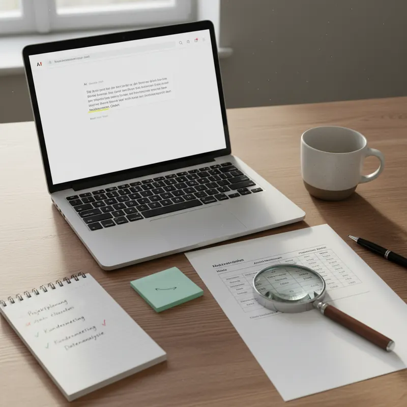 Schreibtisch mit Laptop, KI-Antwort mit hervorgehobenem Markennamen und Auswertungsbericht