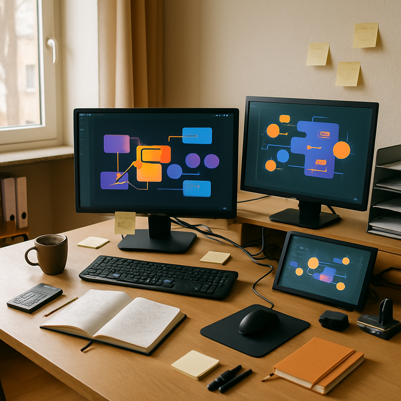 Moderner Büroarbeitsplatz mit mehreren Monitoren und KI-Software-Interfaces