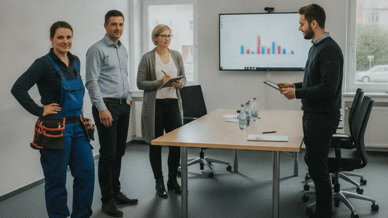 Vier Personen unterschiedlicher Berufe stehen um einen Besprechungstisch, im Hintergrund ein Monitor mit einer Balkengrafik