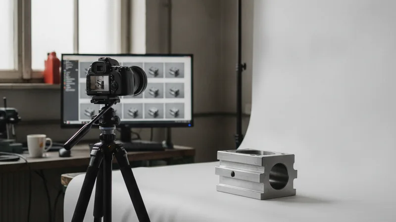 Einfacher Produktfotografie-Aufbau mit Metallteil, Kamera auf Stativ und Monitor mit Bildvarianten