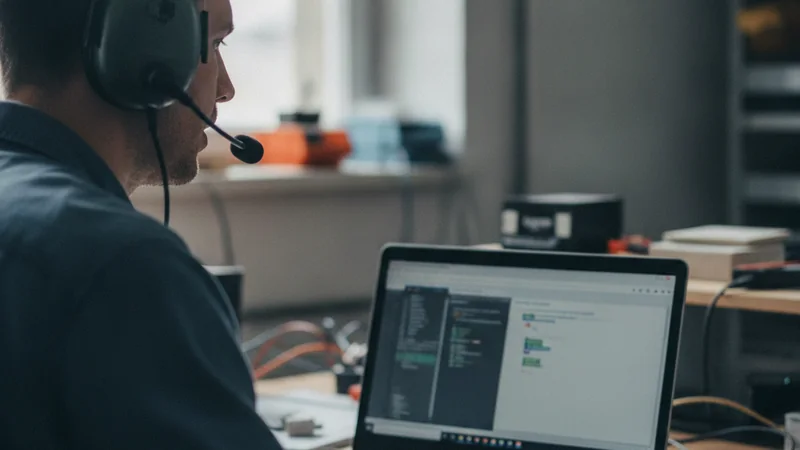 Blick über die Schulter auf einen Laptop, die Person trägt ein Headset und spricht statt zu tippen