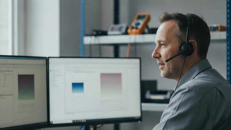 Mann mit Headset spricht an einem Schreibtisch mit zwei Monitoren in einem kleinen Betriebsbüro