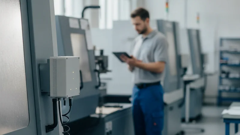 Kleiner Sensorkasten an einer Maschine in einer hellen Fertigungshalle, im Hintergrund ein Mitarbeiter mit Tablet